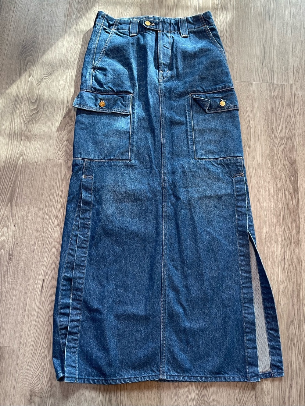 MOTHER Dark Blue Denim Maxi Skirt with Cargo Details